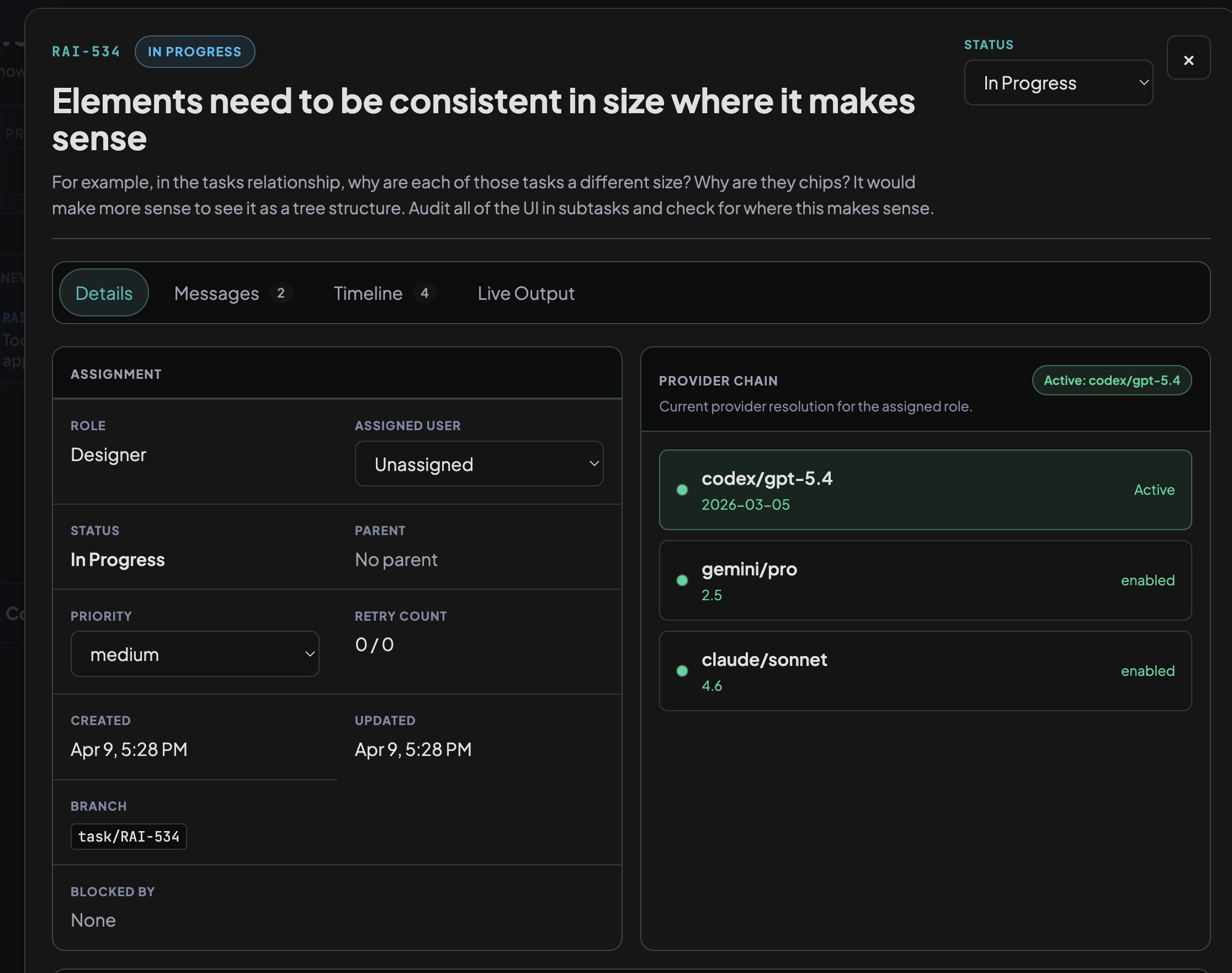 Task detail showing provider chain fallback order