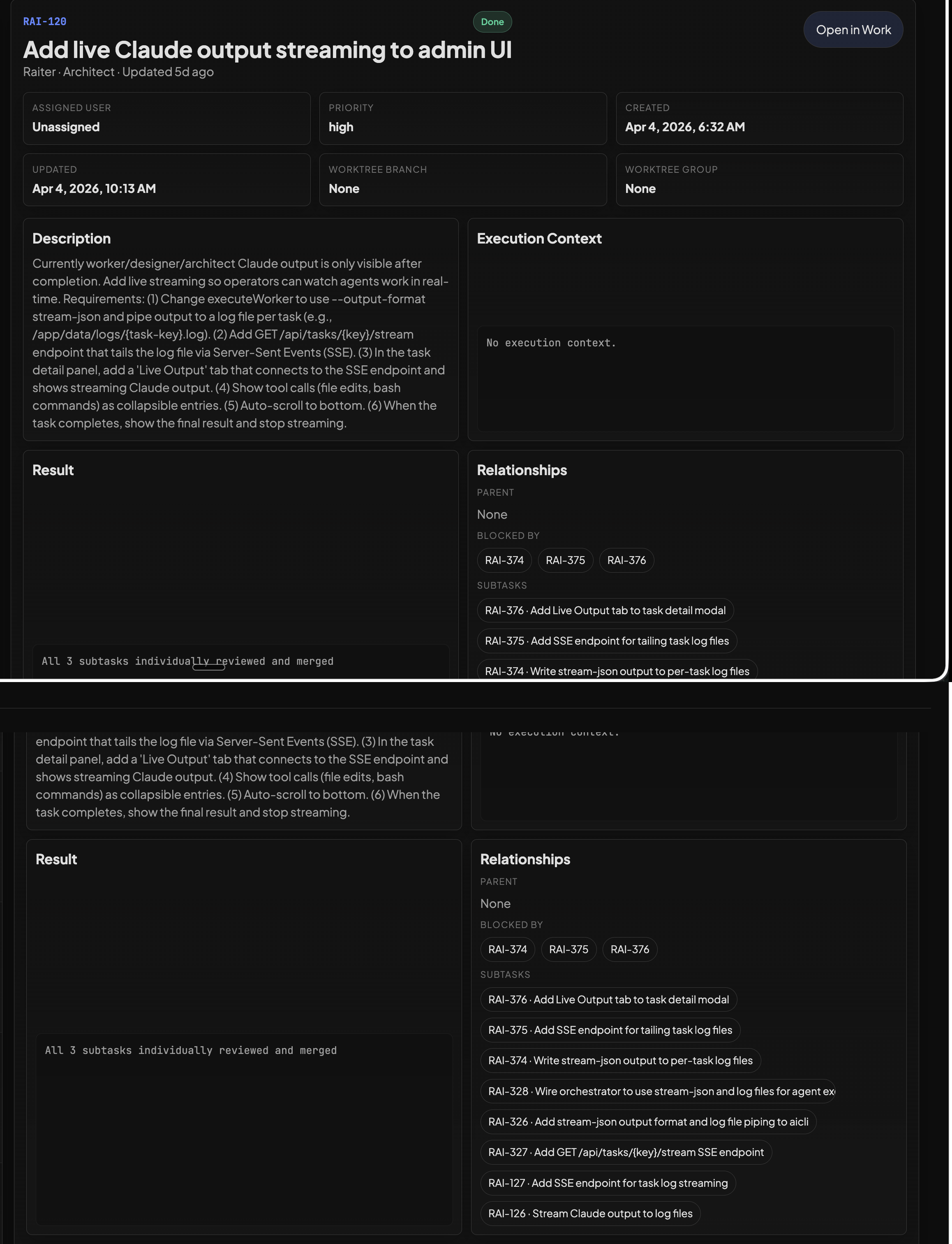 A parent task decomposed into subtasks with dependency ordering